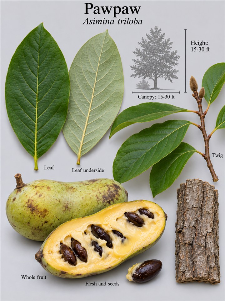 Botanical illustration of pawpaw foliage, flower and fruit